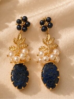 Gold Leaf Pearl & Lapis Drop Earrings - Blue and Pearl